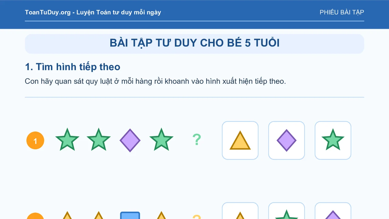 10 dạng bài tập tư duy cho bé 5 tuổi