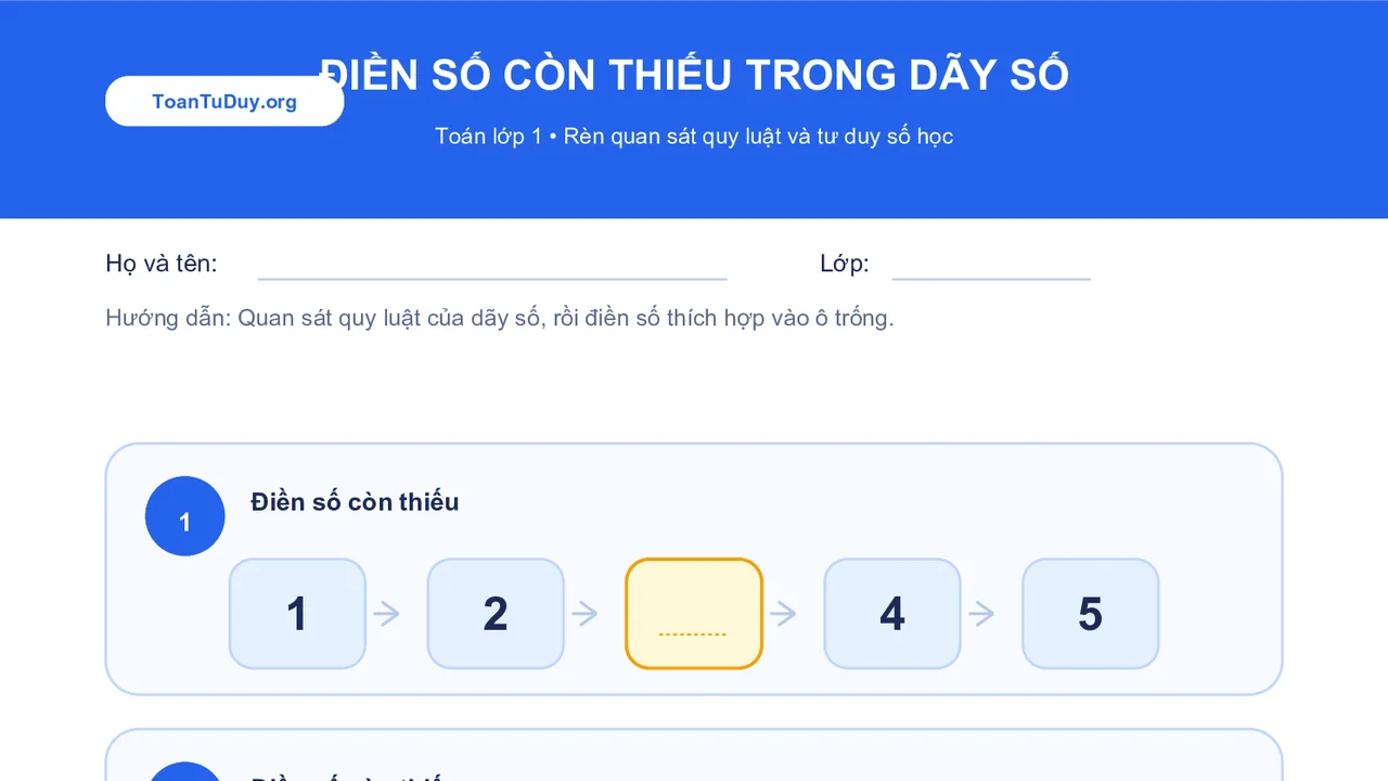 Bài tập Toán tư duy: Điền số còn thiếu trong dãy số lớp 1