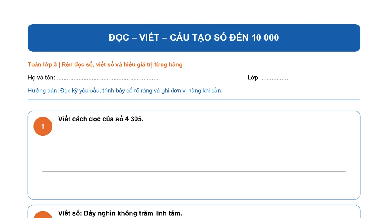 Bài tập Toán tư duy: Đọc – viết – cấu tạo số đến 10.000 lớp 3