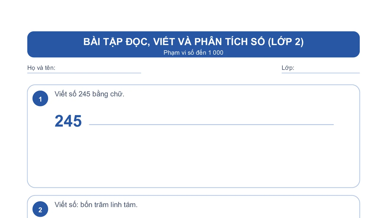 Bài tập Toán tư duy: Đọc – viết – phân tích số lớp 2