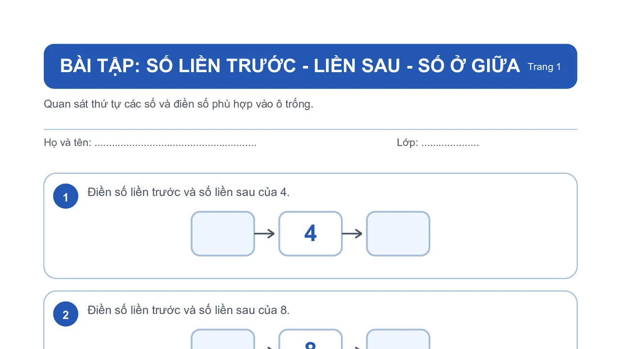 Bài tập Toán tư duy: Số liền trước – số liền sau – số ở giữa lớp 1