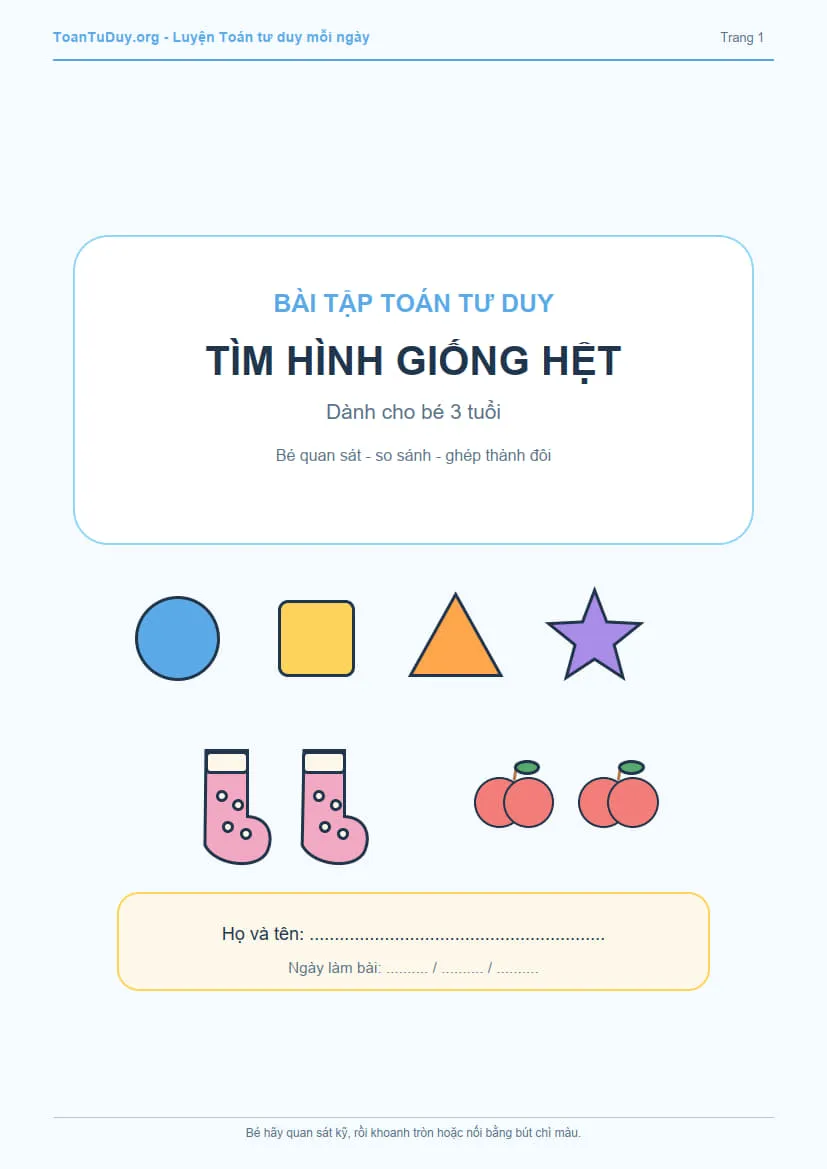 Bài tập Toán tư duy tìm hình giống hệt cho bé 3 tuổi