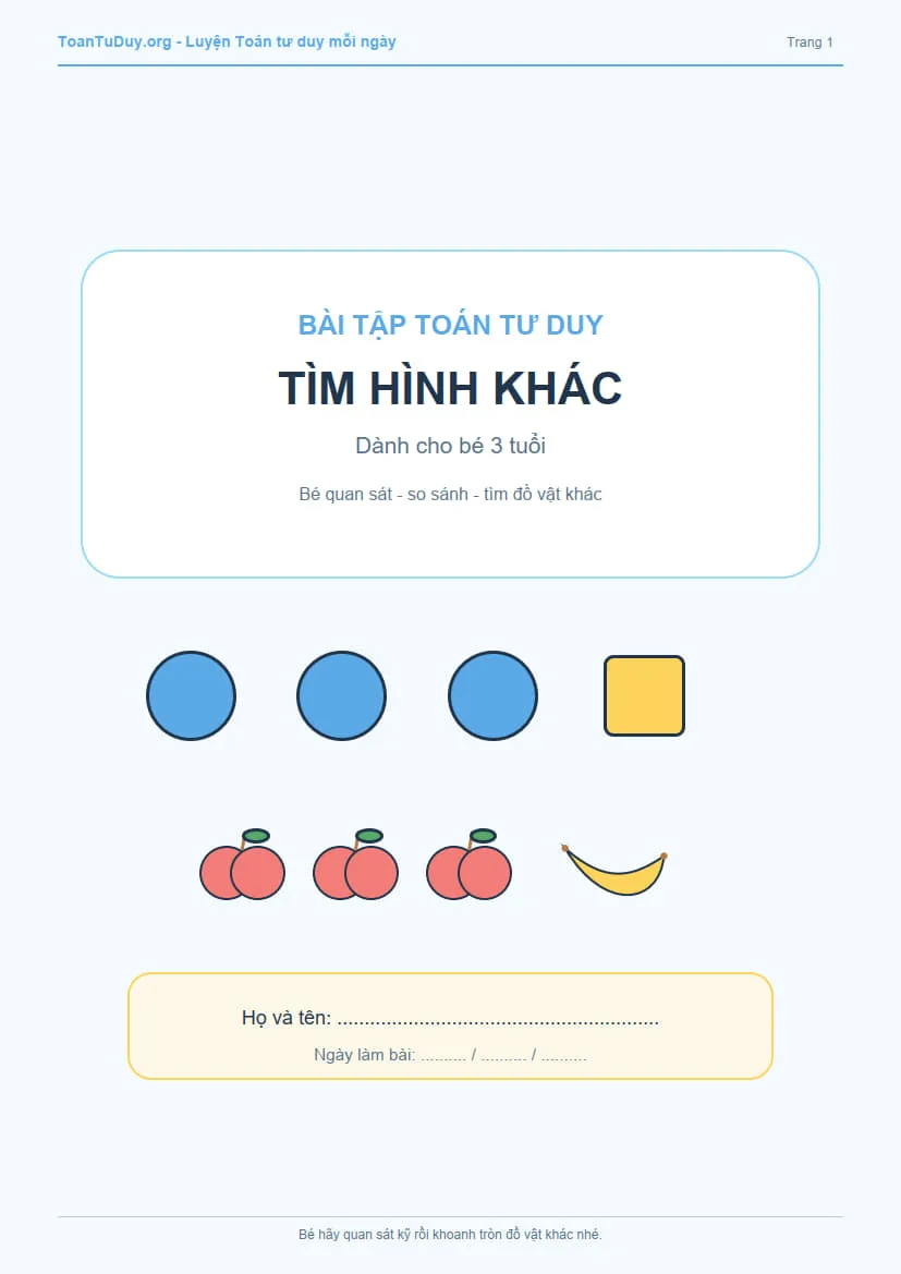 Bài tập Toán tư duy tìm hình khác dành cho bé 3 tuổi