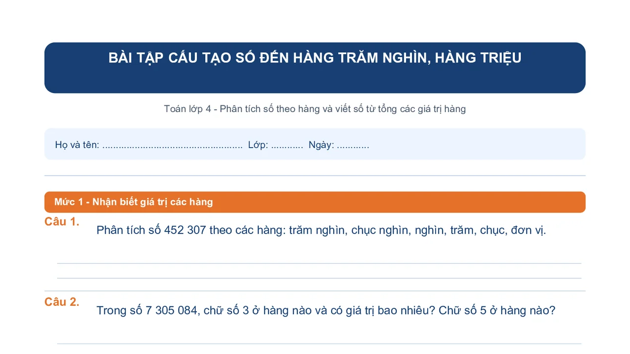 Bài tập Toán tư duy: Cấu tạo số đến hàng trăm nghìn, hàng triệu lớp 4