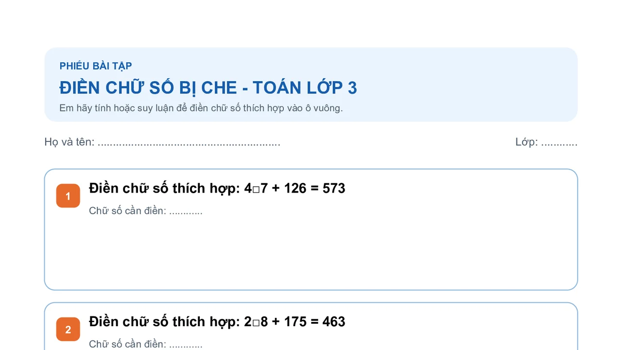 Bài tập Toán tư duy: Điền chữ số bị che lớp 3