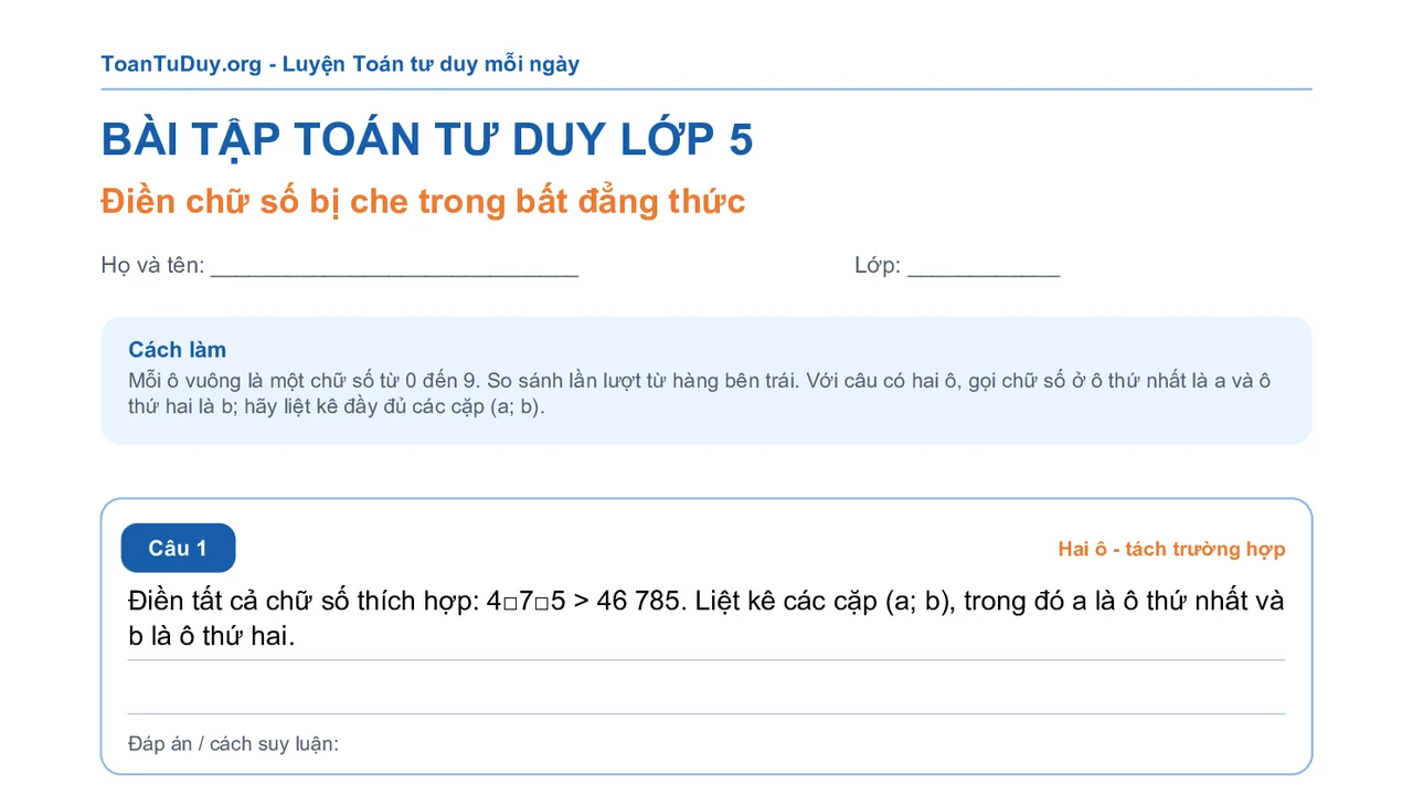 Bài tập Toán tư duy: Điền chữ số bị che trong bất đẳng thức – lớp 5
