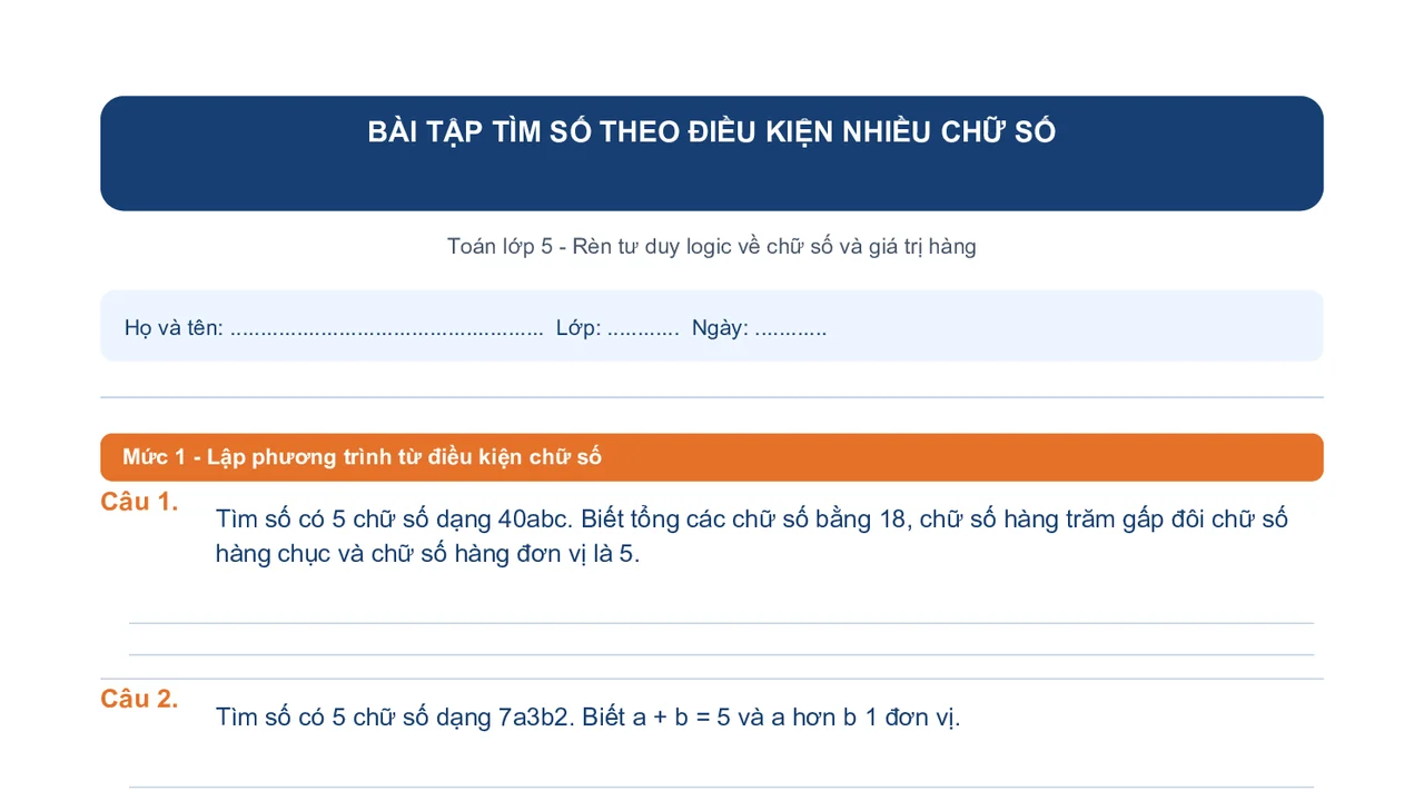 Bài tập Toán tư duy: Tìm số theo điều kiện nhiều chữ số lớp 5