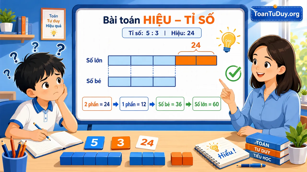 Cách giải bài toán hiệu – tỉ số bằng sơ đồ đoạn thẳng